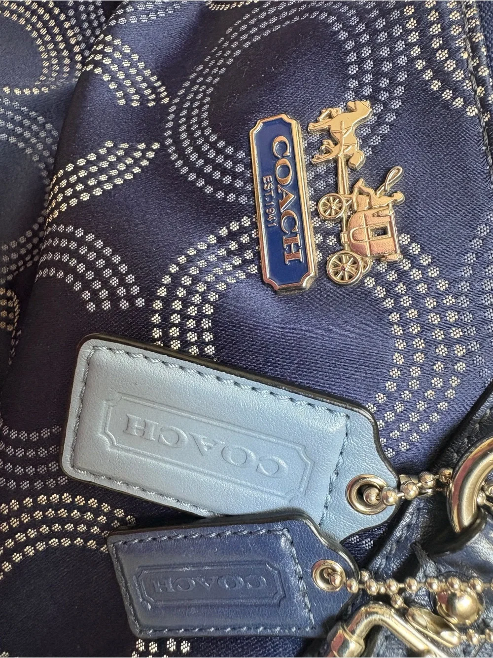 Coach Navy Circle Signature Satchel with Leather Trim